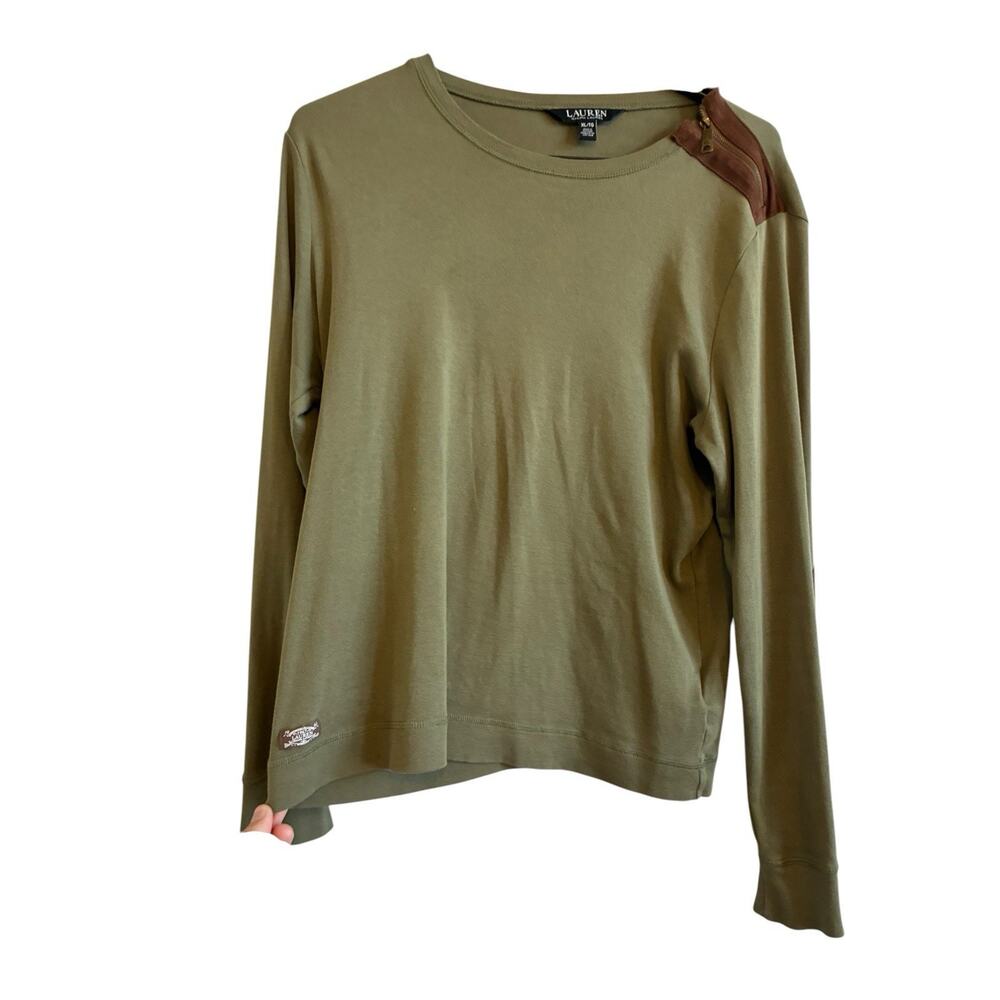 Ralph Lauren Olive Green Long Sleeve Top Suede Elbow Patch Equestrian Preppy XL - Picture 13 of 16